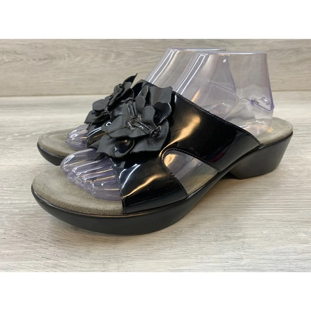 Dansko Black Patent Leather Floral Applique Wedge Slide Sandals Women's 11